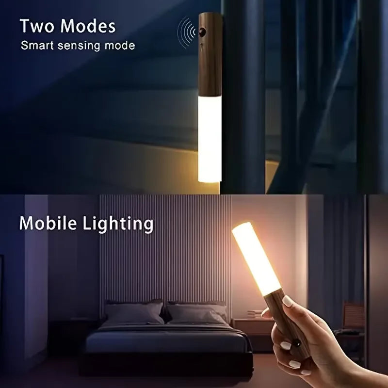 LED Rechargeable Magnetic Night Light Wood Wall Lamp Kitchen Cabinet Light Creative Smart Automatic PIR Motion Sensor