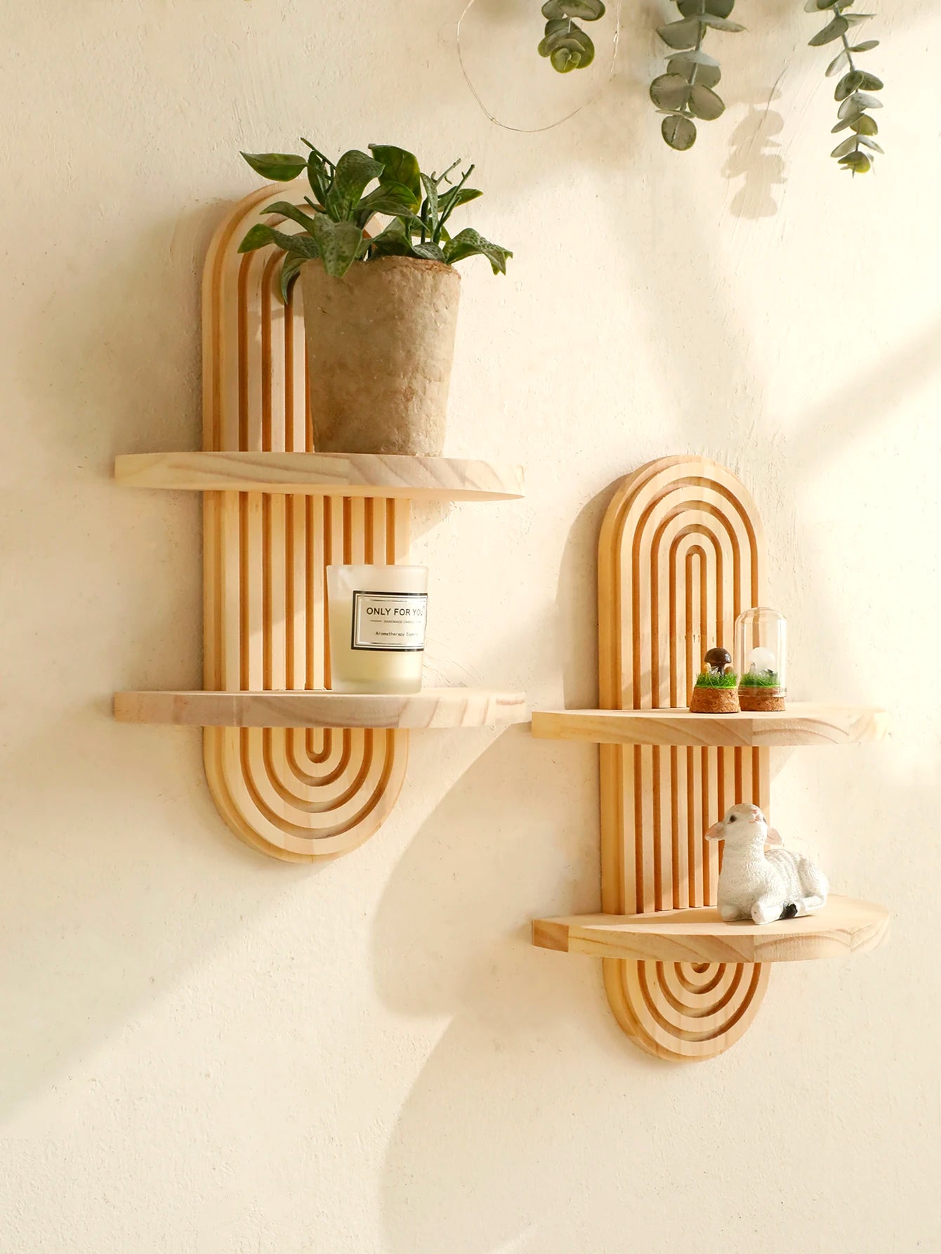 1Pc Boho Style Wooden Wall Shelves - Geometric Wall Mounted Shelves, Natural Wood Finish, Modern Home Decor, Plant Decorative