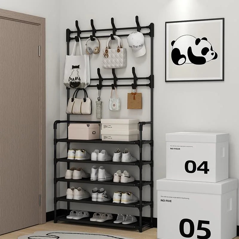 Shoe and Hat Rack Clothes Hanger Assemble DIY Shelves Floor-Standing Simple Racks with Side Cloth Dustproof Footwear Organizer