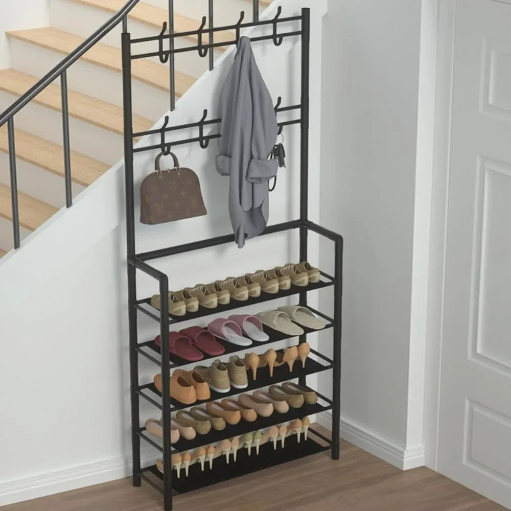 Shoe and Hat Rack Clothes Hanger Assemble DIY Shelves Floor-Standing Simple Racks with Side Cloth Dustproof Footwear Organizer