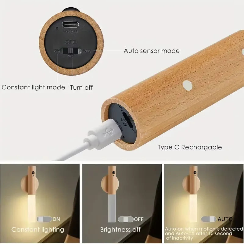 LED Rechargeable Magnetic Night Light Wood Wall Lamp Kitchen Cabinet Light Creative Smart Automatic PIR Motion Sensor