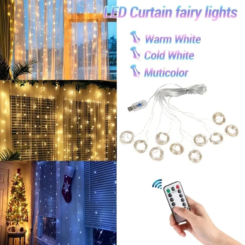 Christmas Lights Led Decoration Fairy New Year'S Decor for Room Garlands String Curtain Waterfalls Strip Bedrooms 2024 Noveltie