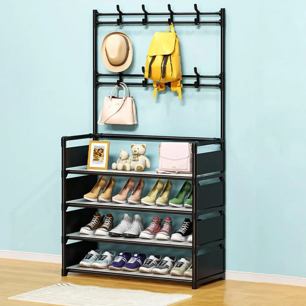 Shoe and Hat Rack Clothes Hanger Assemble DIY Shelves Floor-Standing Simple Racks with Side Cloth Dustproof Footwear Organizer