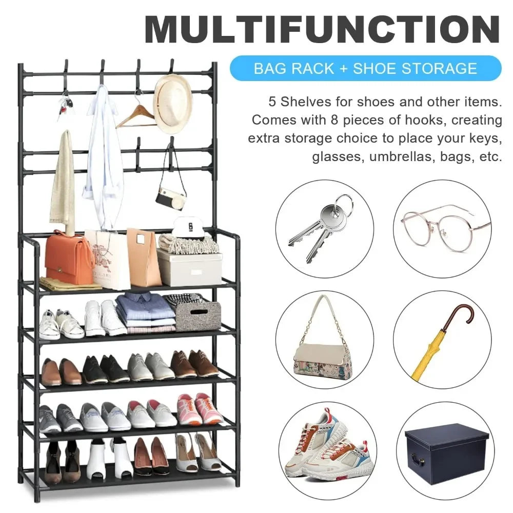 Shoe and Hat Rack Clothes Hanger Assemble DIY Shelves Floor-Standing Simple Racks with Side Cloth Dustproof Footwear Organizer