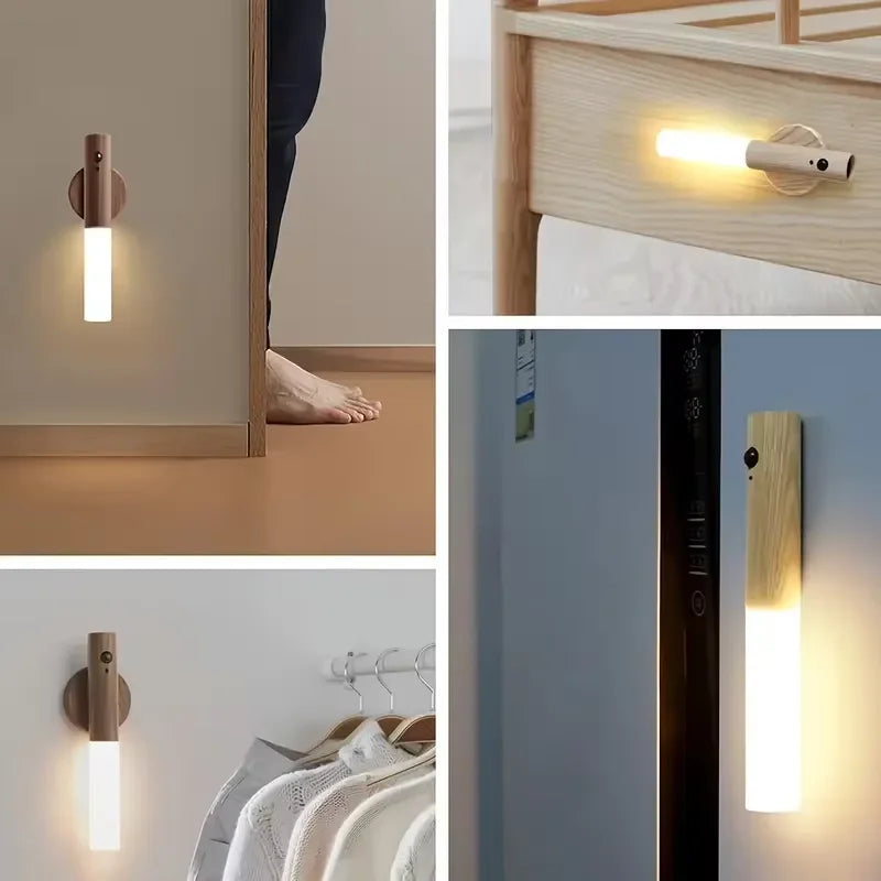 LED Rechargeable Magnetic Night Light Wood Wall Lamp Kitchen Cabinet Light Creative Smart Automatic PIR Motion Sensor