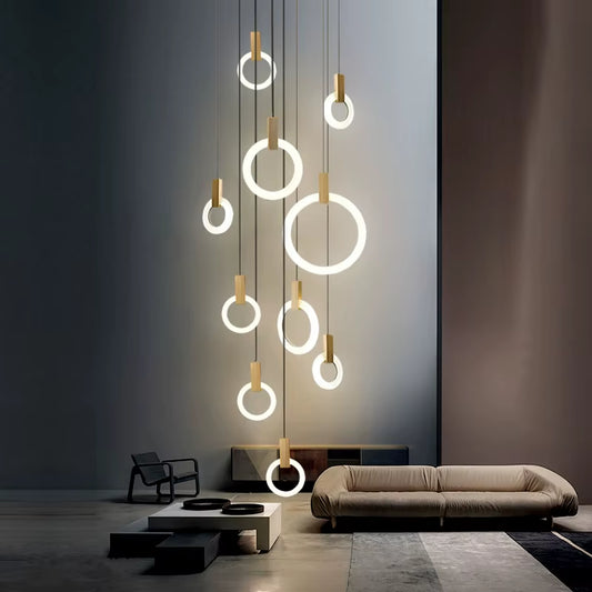 Modern LED Chandelier Ceiling Living Room Wooden Lighting Acrylic Ring Fixtures Stairs Deco Hanging Lights Dining Pendant Lamps